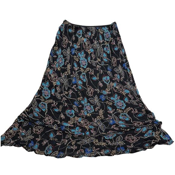VTG Y2K Style & Co Midi Peasant Skirt Floral Ruffle Boho Flowy Sz 10P Black Blue - Picture 1 of 7